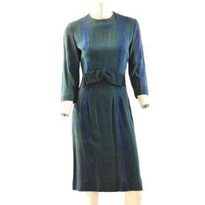 50s Vintage Check Plaid Sheath Dress Womens XS Blue Forest Green Flecked Mod Bow